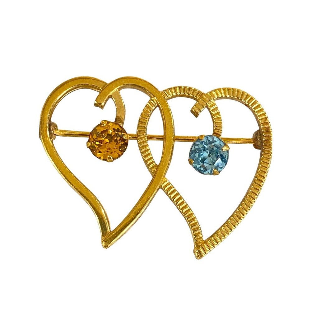 Van Dell Vintage Double Heart Brooch 1/20 12K GF Gold Filled Blue Gold Stones